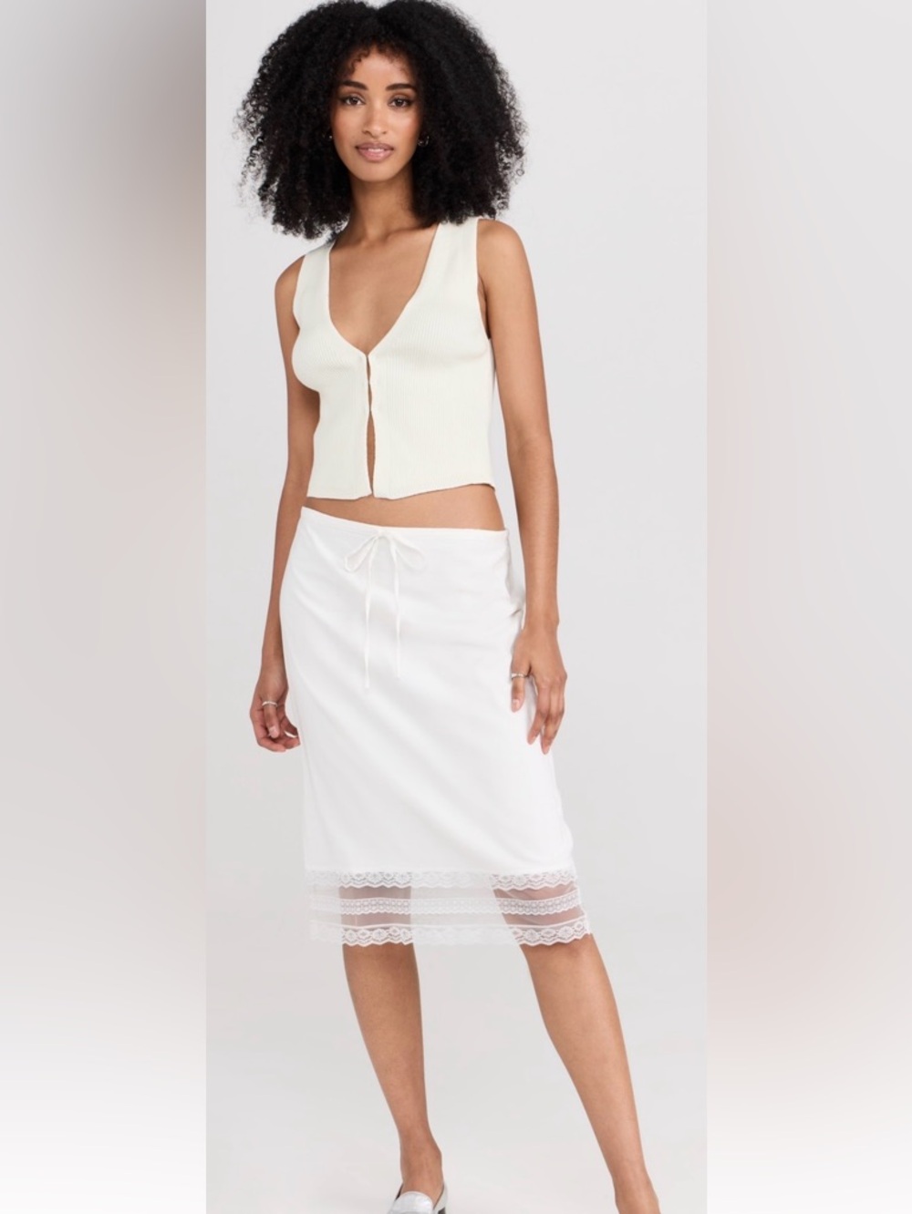 Reformation White Lace-Trim Midi Slip Skirt